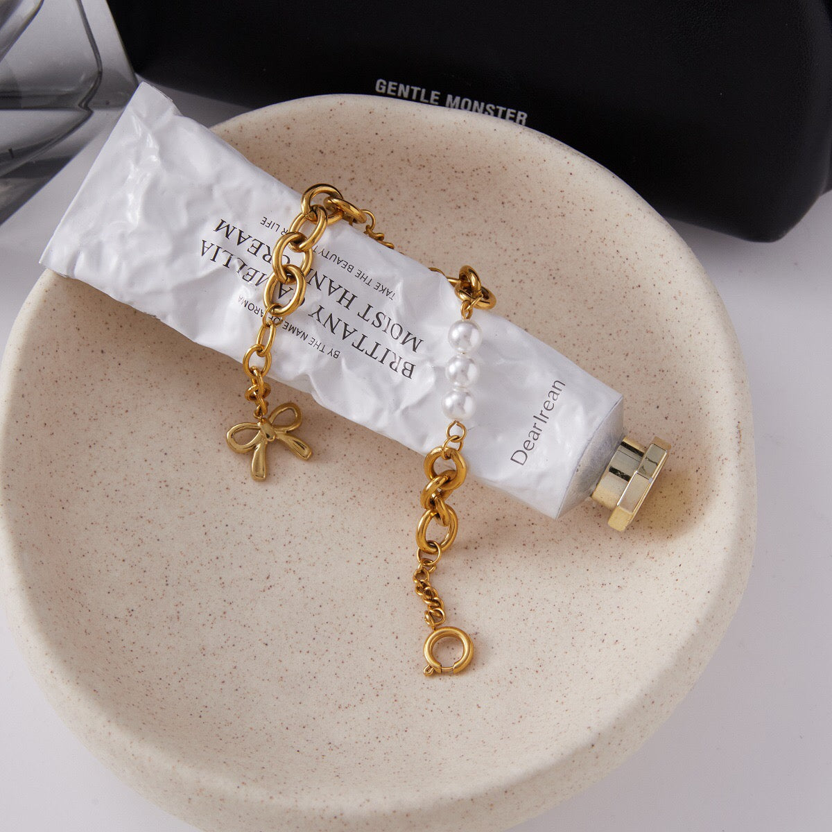 18K Gold Golden Form Pearl Paperclip Chain Bracelet Stack