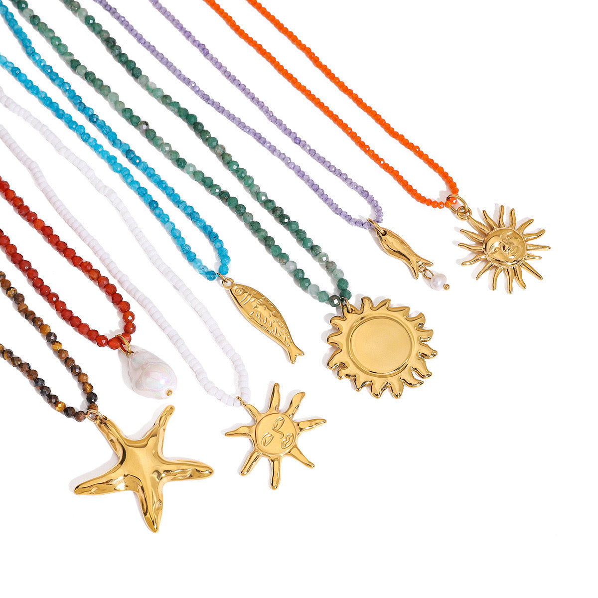 18K Gold Summer Color Beaded Chain Pendant Statement Necklace