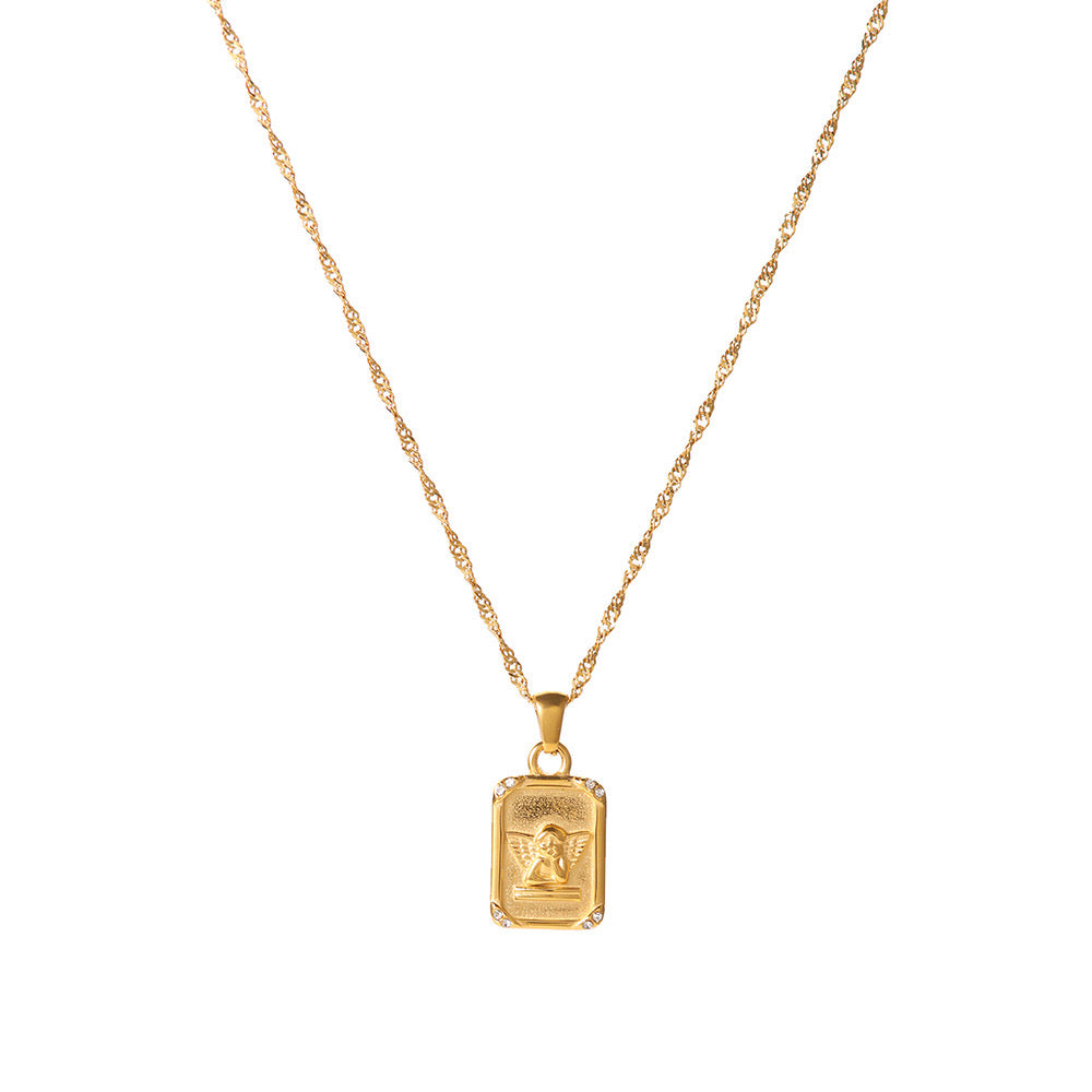 18K Gold Cupid Plate CZ Pendant Necklace