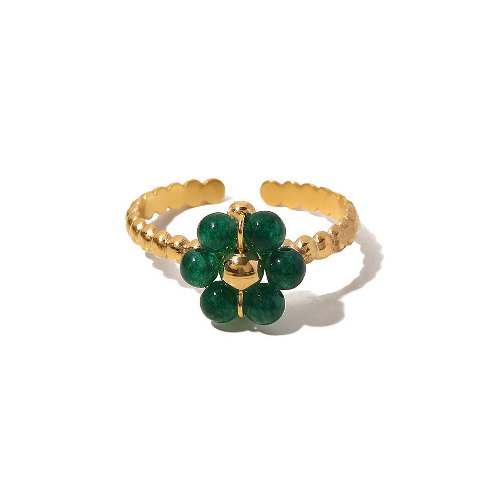 18K Gold Emerald Beaded Lucky Flower Ring