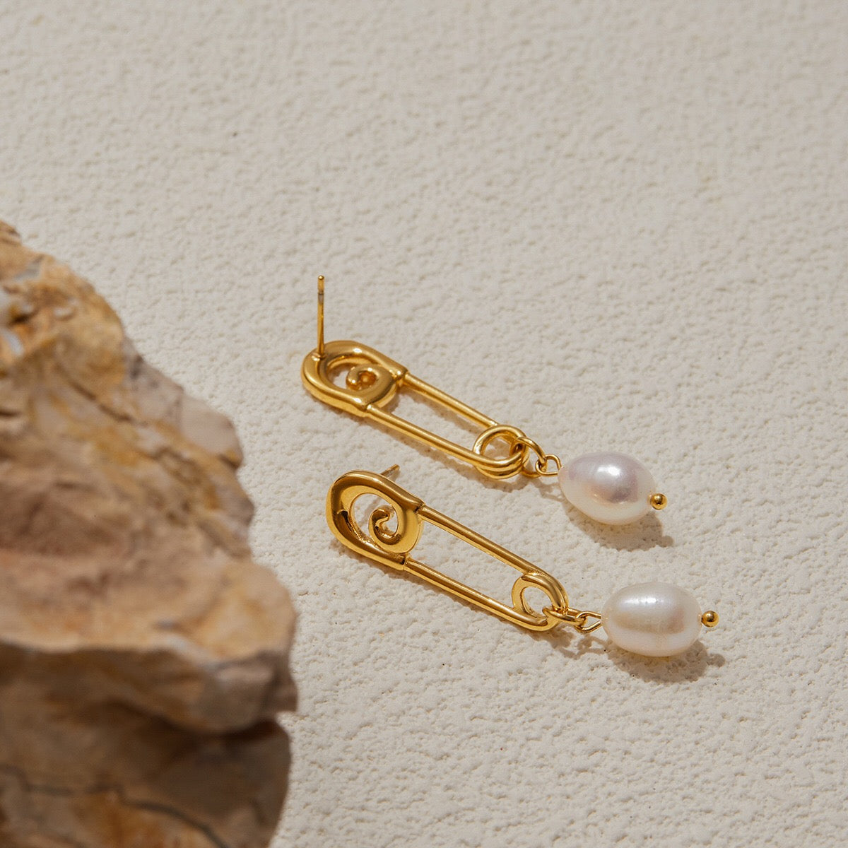 18K Gold Safety Pin Pearl Statement Dangle Stud Earrings