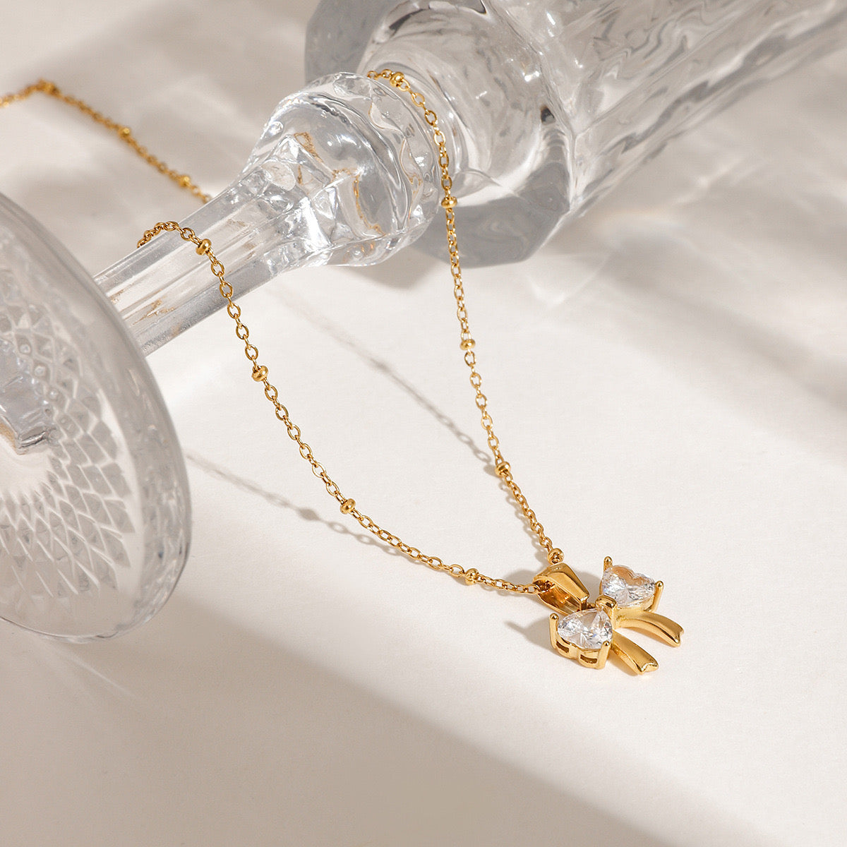 18K Gold Bling Coquette Bow Pendant CZ Necklace