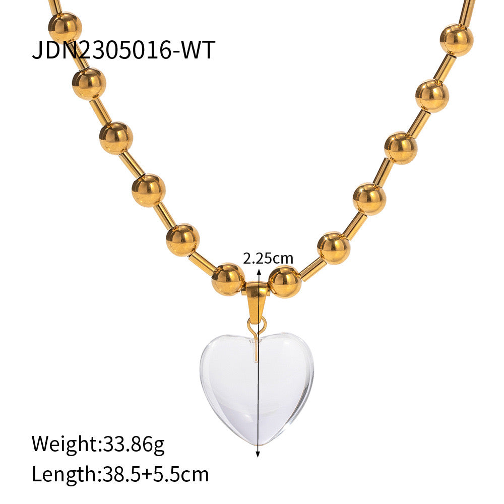 18K Gold Clear Jelly Heart Pendant Beaded Ball Chain Necklace