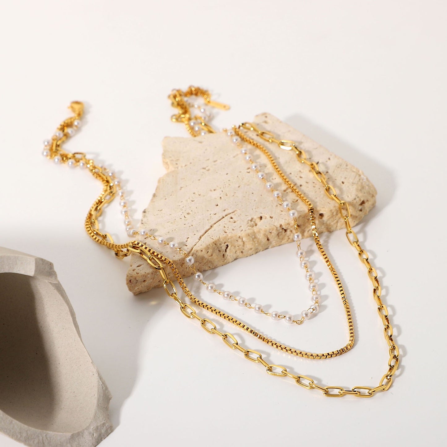18K Gold Paperclip Box Chain Pearl Layered Necklace