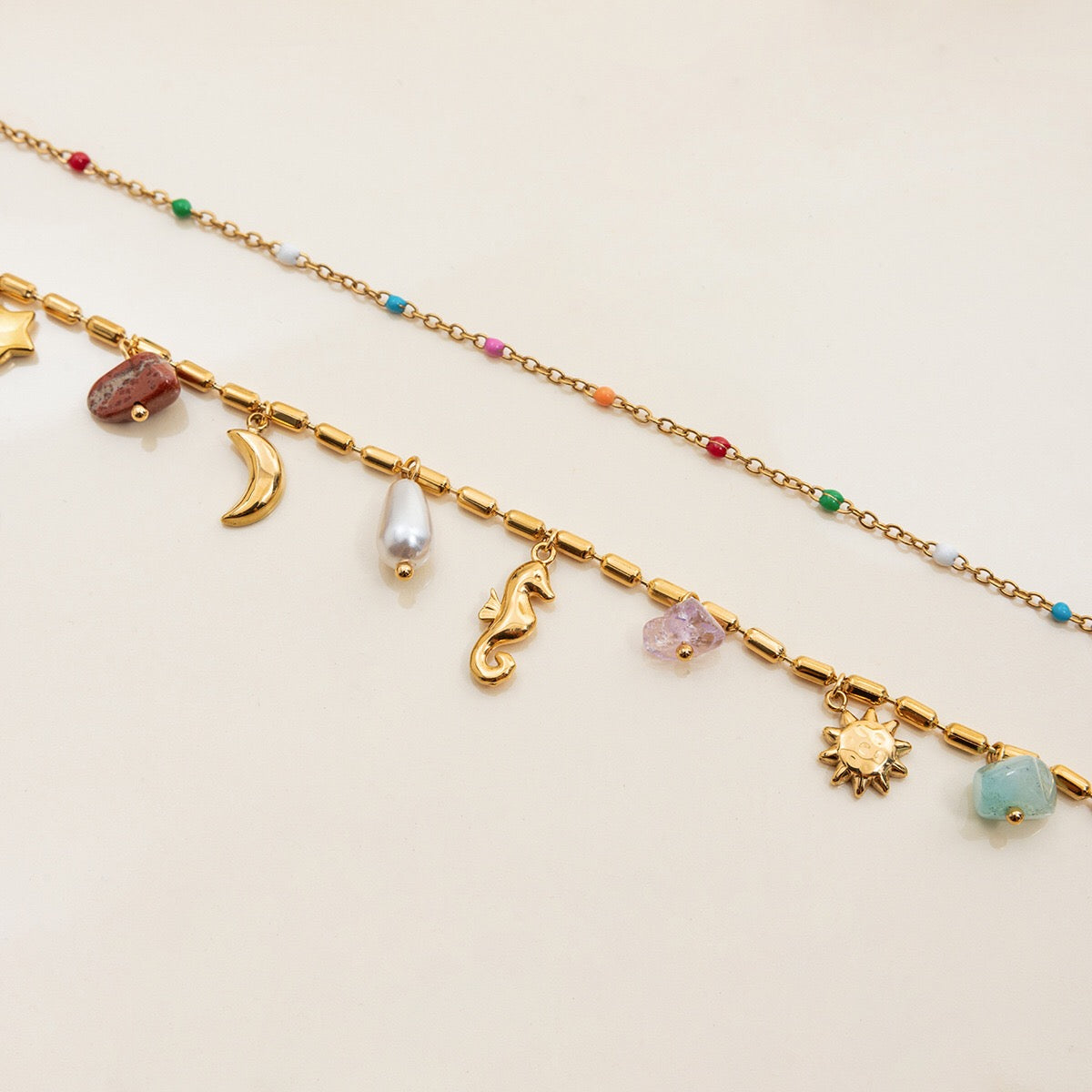 18K Gold Summer Memory Color Charm Double Chain Layered Necklace Set