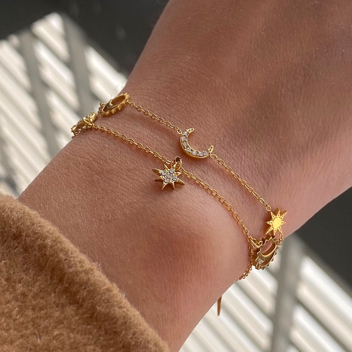 18K Gold Moon and Star Celestial Charm Chain Bracelet