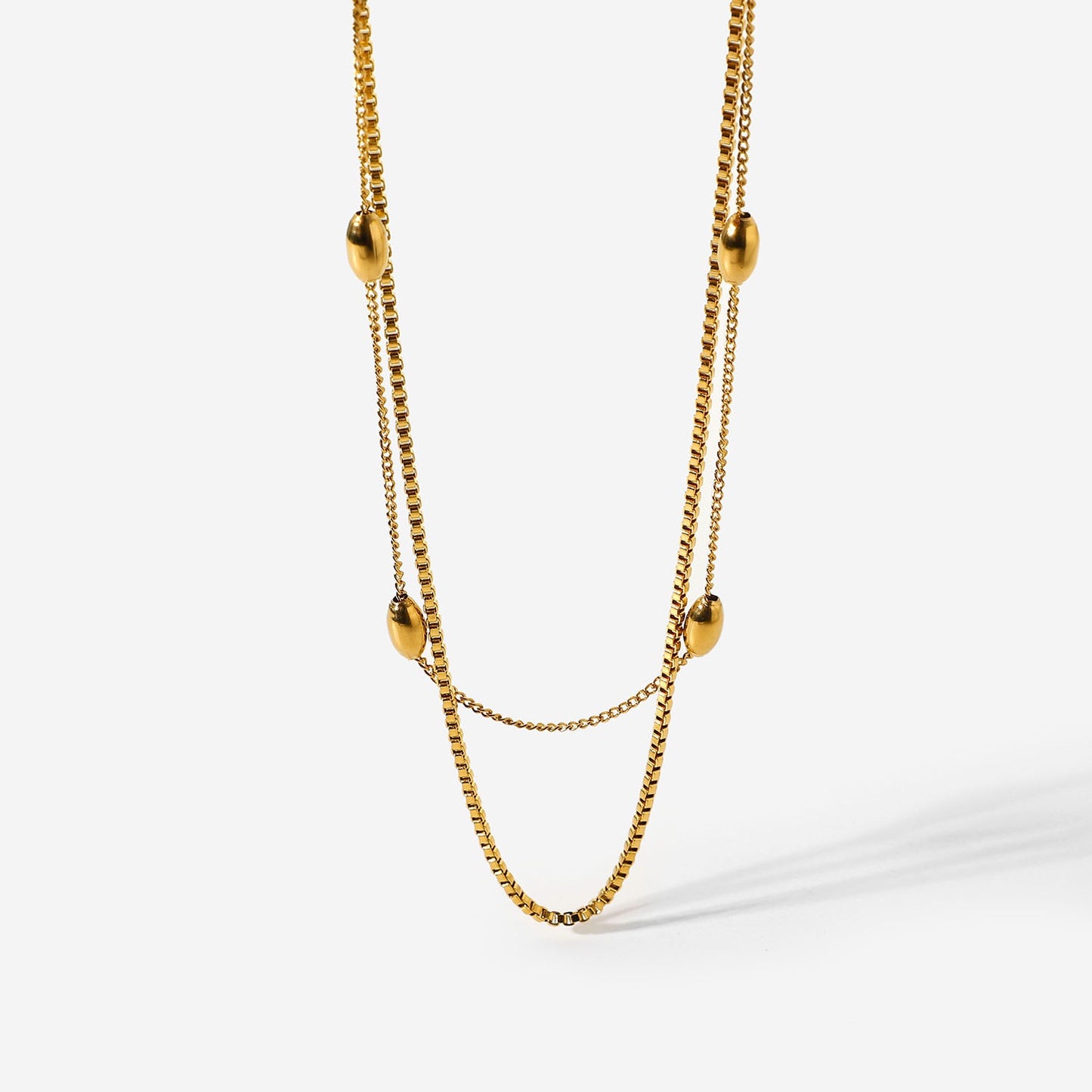 18K Gold Box Chain Beaded Layered Necklace Set