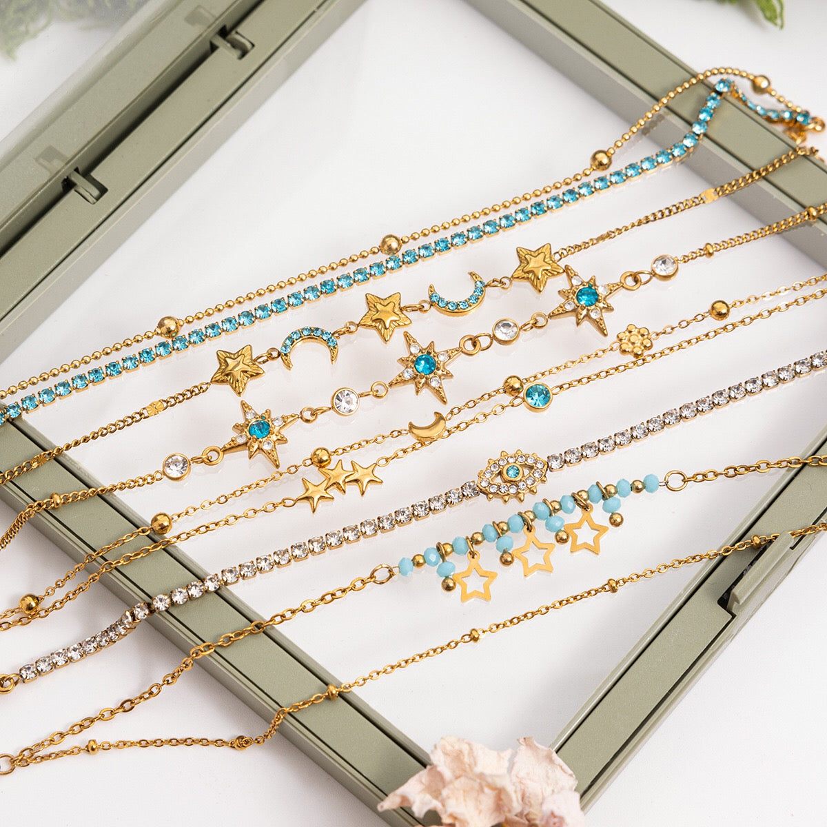 18K Gold Blue Winter Wonderland Moon and Stars Tennis Bracelet Stack