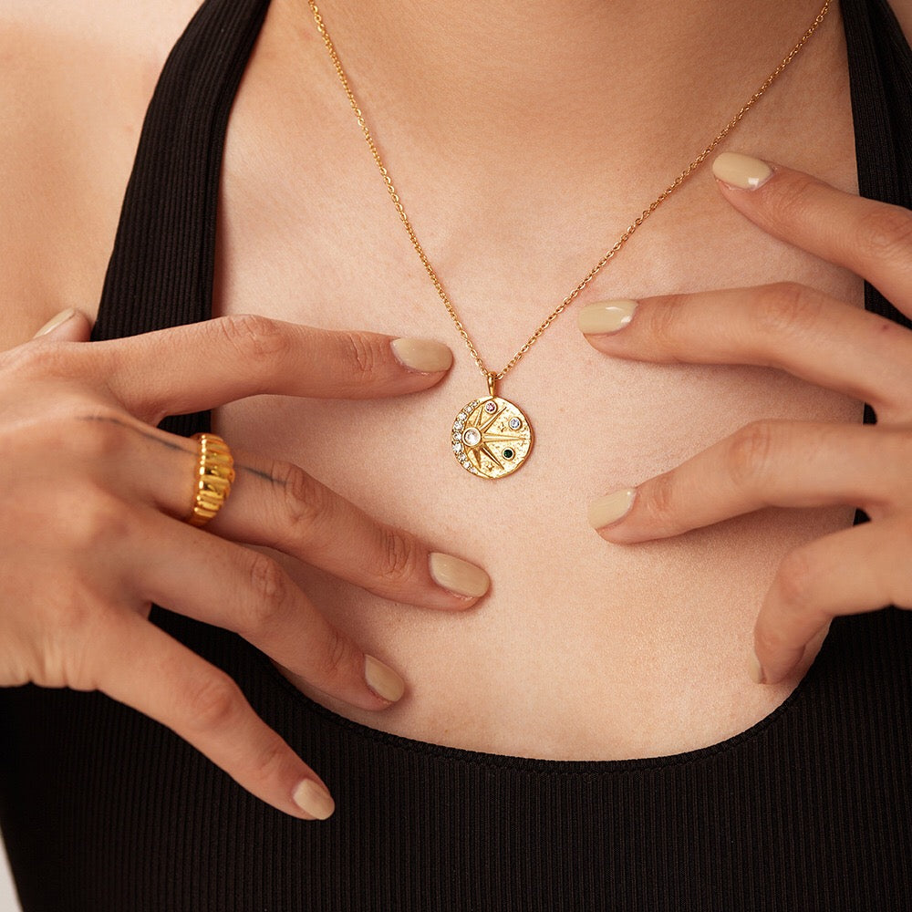 18K Gold Celestial Coin Pendant Necklace