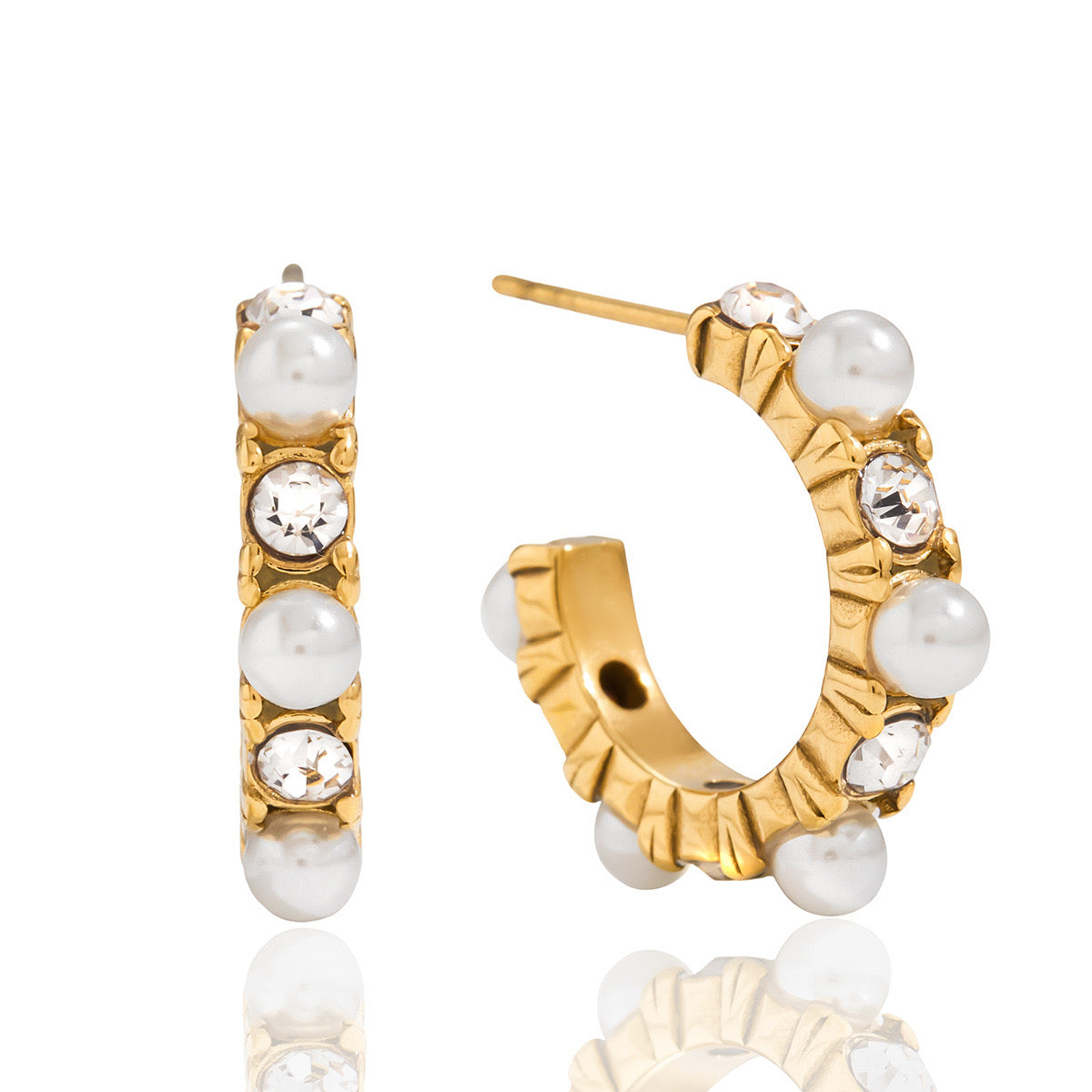 18K Gold Bling Pearl Small Hoop Huggie Earrings