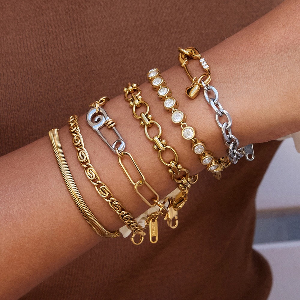 18K Gold and Silver Two Tone Safety Pin Dainty Chain Bracelet Stack