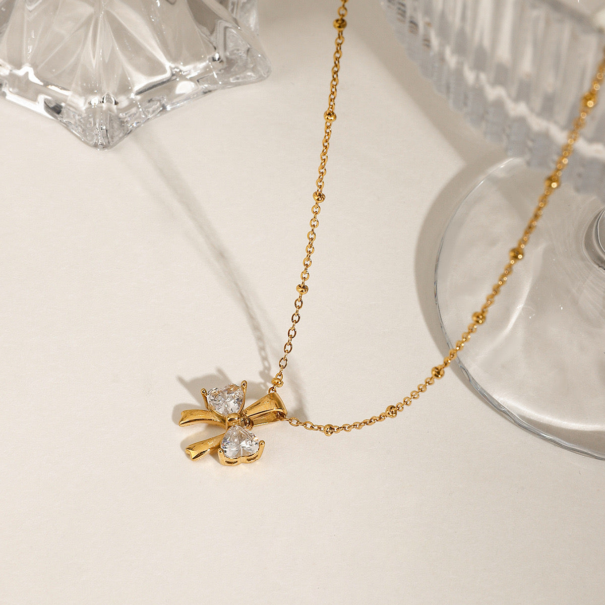 18K Gold Bling Coquette Bow Pendant CZ Necklace