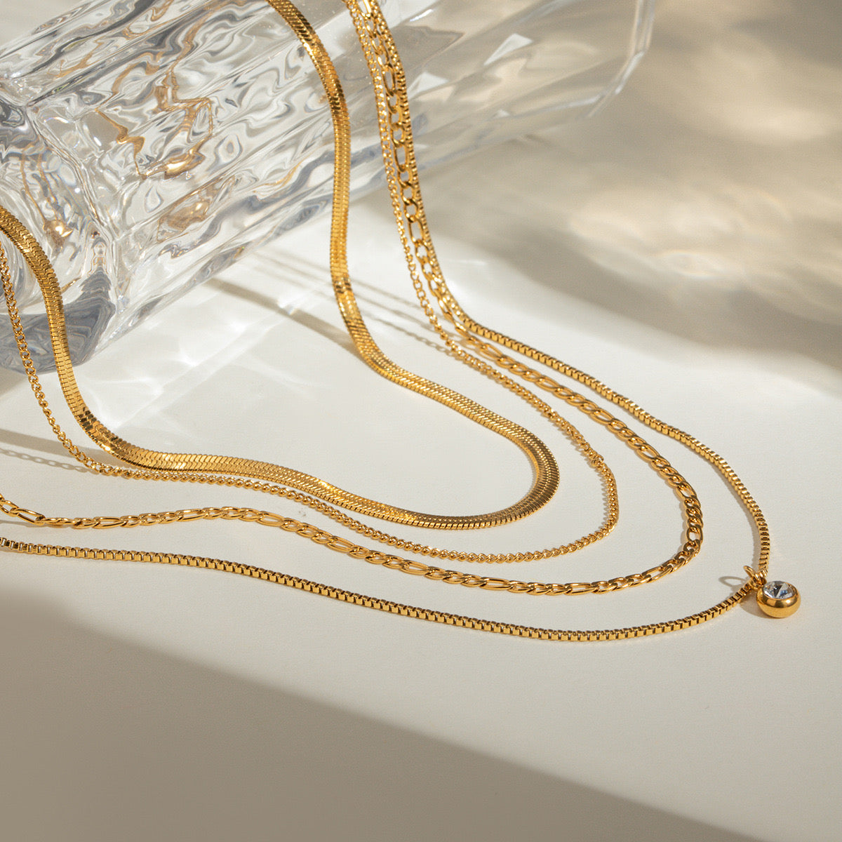 18K Gold North Star Herringbone Snake Chain Figaro Layered Necklace Set