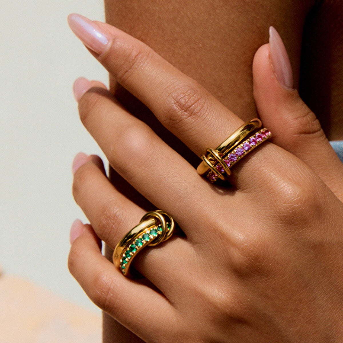 18K Gold Double Link Connected Stacking Pave Ring