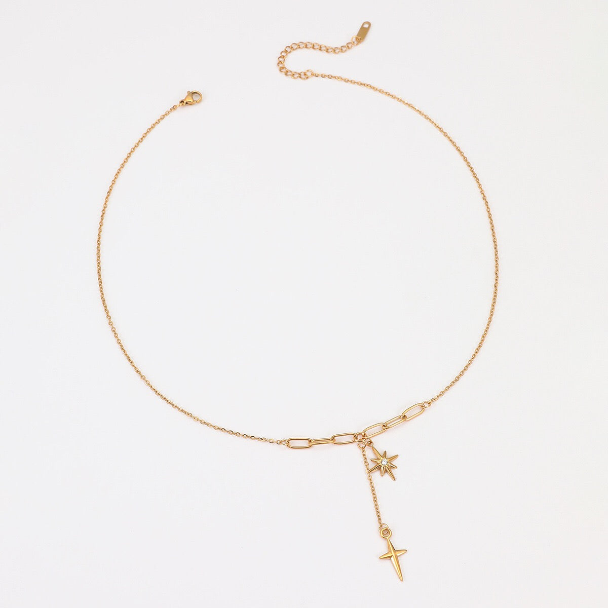 18K Gold Starburst Pendant Chain Lariat Necklace
