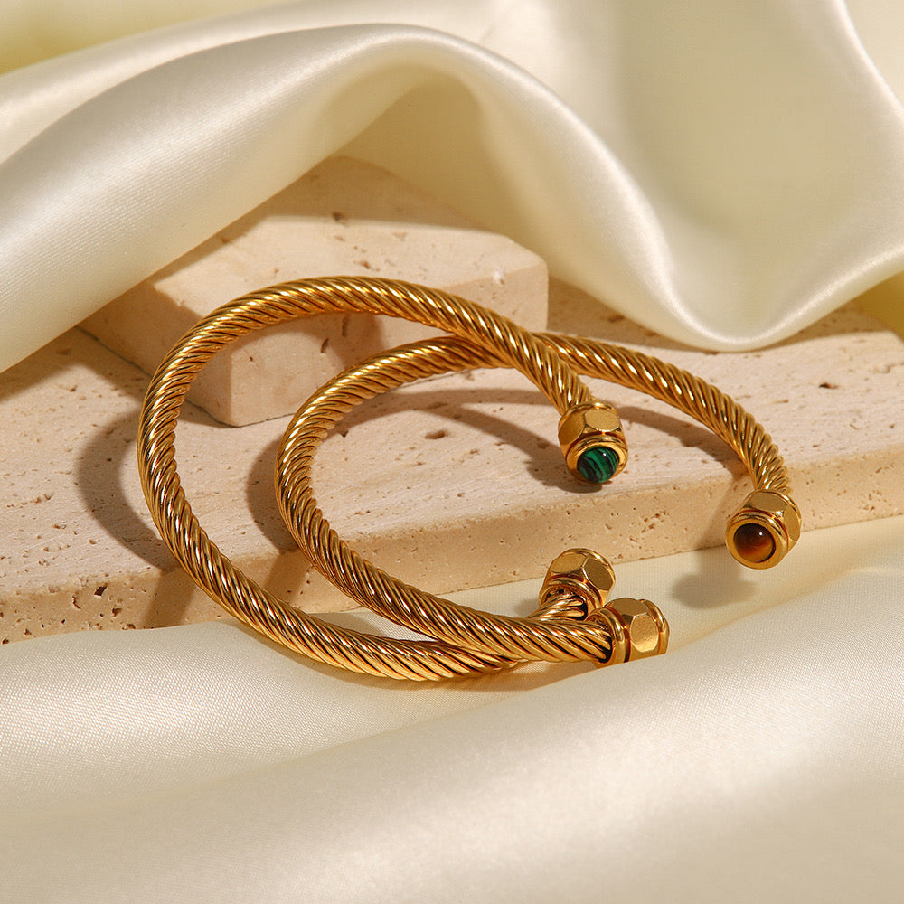 18K Gold Natural Stone Twisted Ribbed Cuff Bangle Bracelet