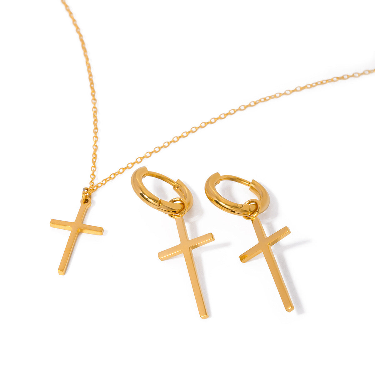 18K Gold Minimalist Cross Huggie Earrings With Charm