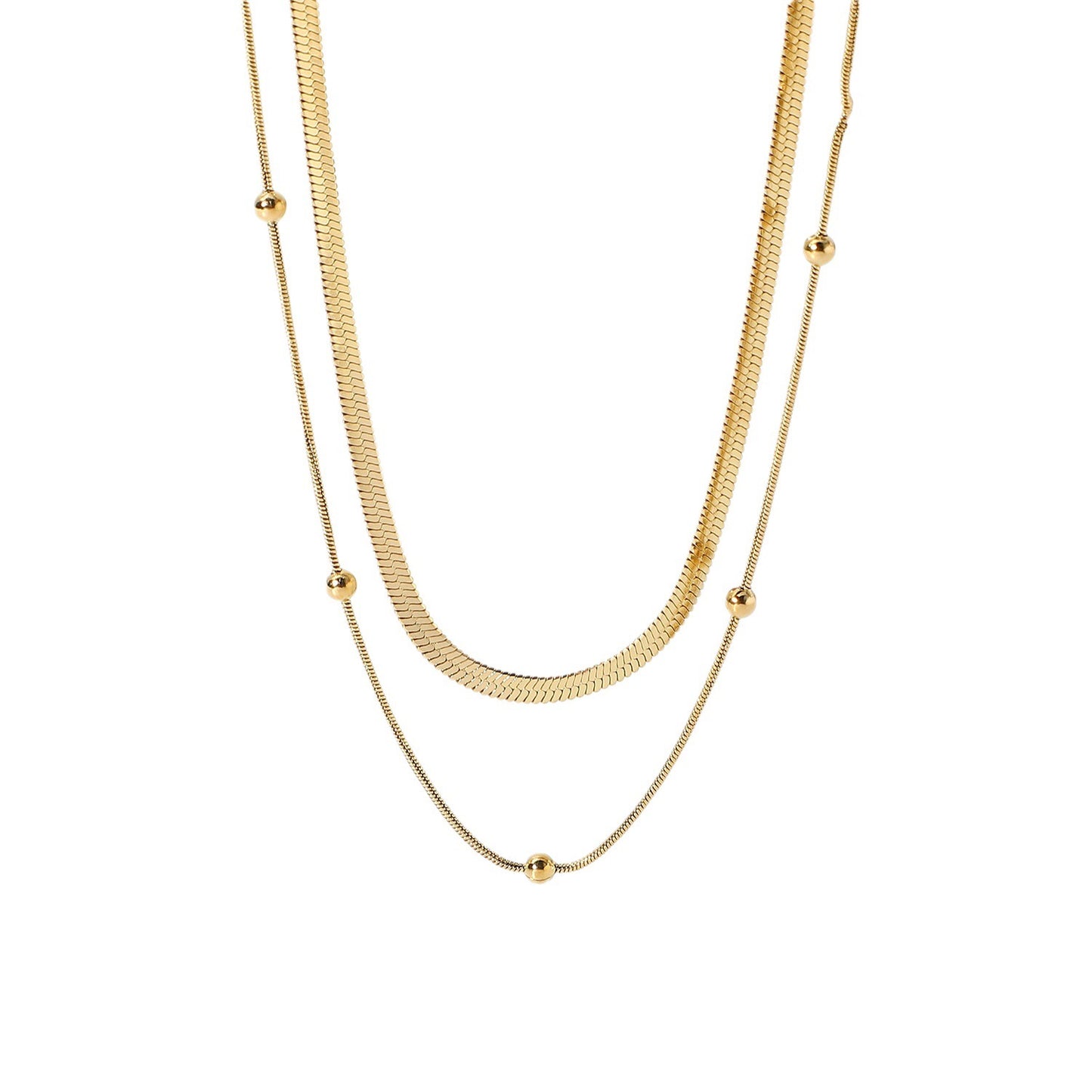18K Gold Herringbone Beaded Chain Layered Necklace