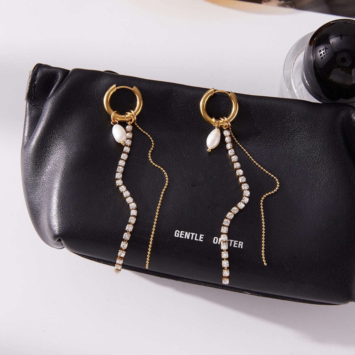 18K Gold Starstruck Tennis Chain Pearl Drop Dangle Huggie Earrings