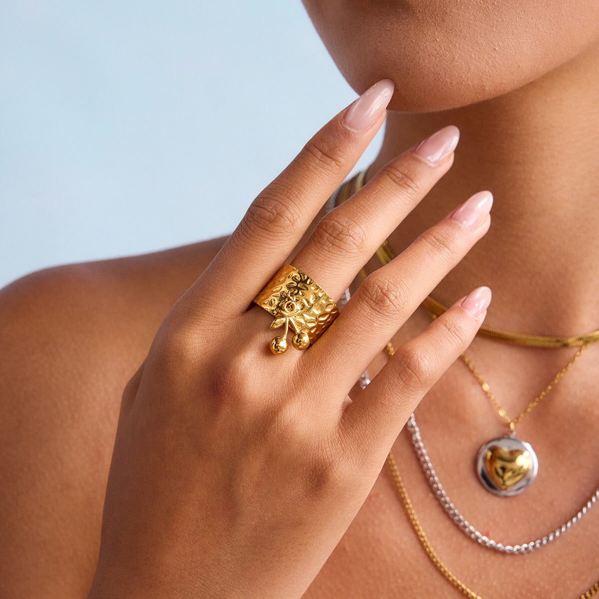 18K Gold Cherry Charm Band Ring
