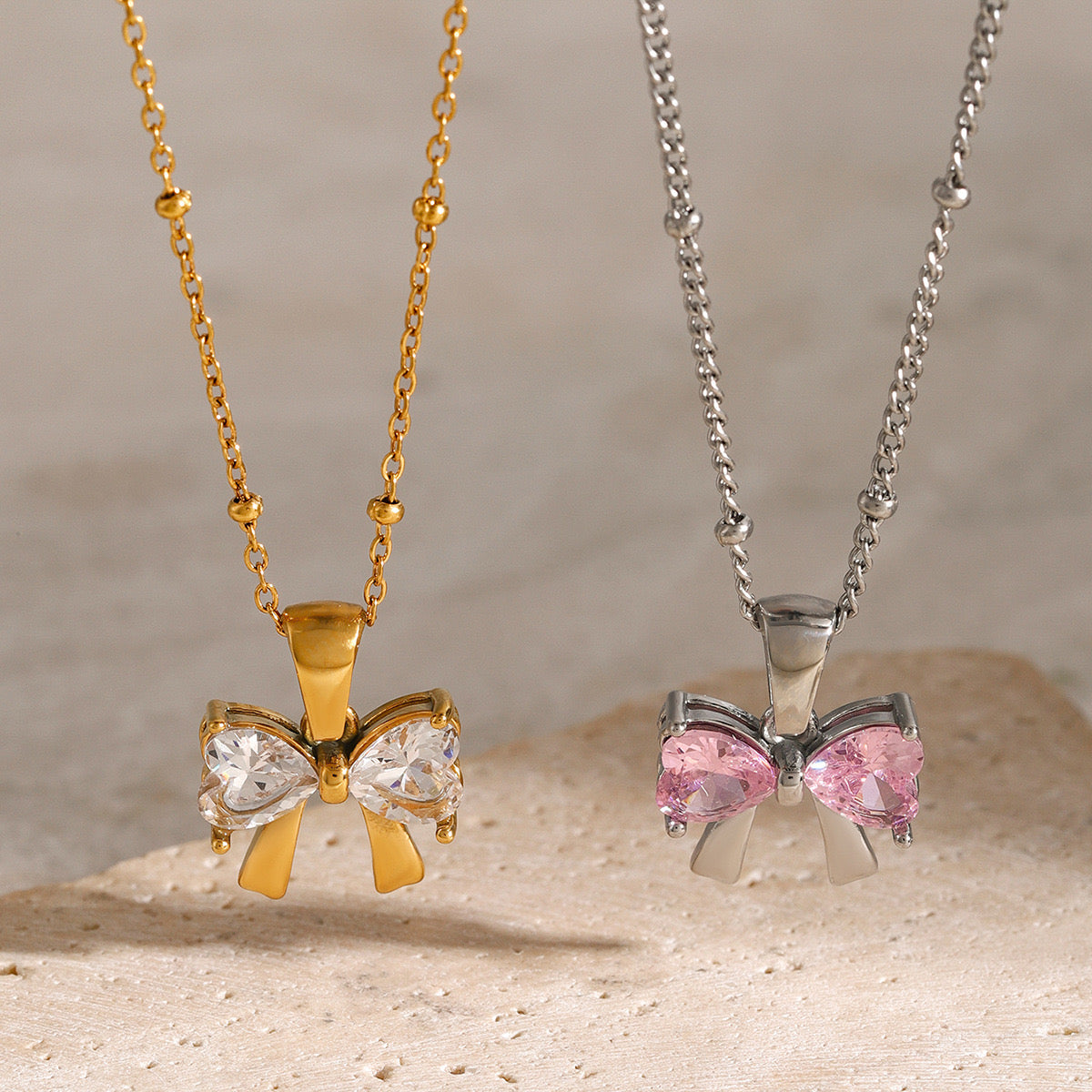 18K Gold Bling Coquette Bow Pendant CZ Necklace