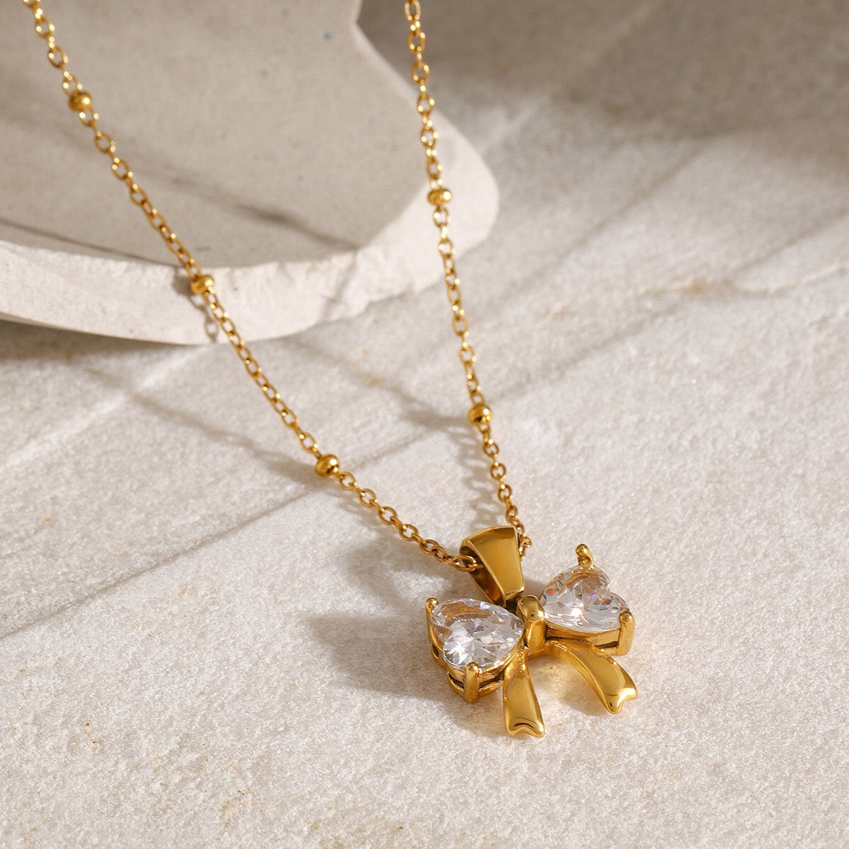 18K Gold Bling Coquette Bow Pendant CZ Necklace
