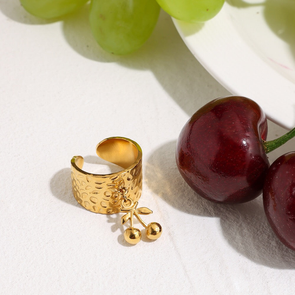 18K Gold Cherry Charm Band Ring