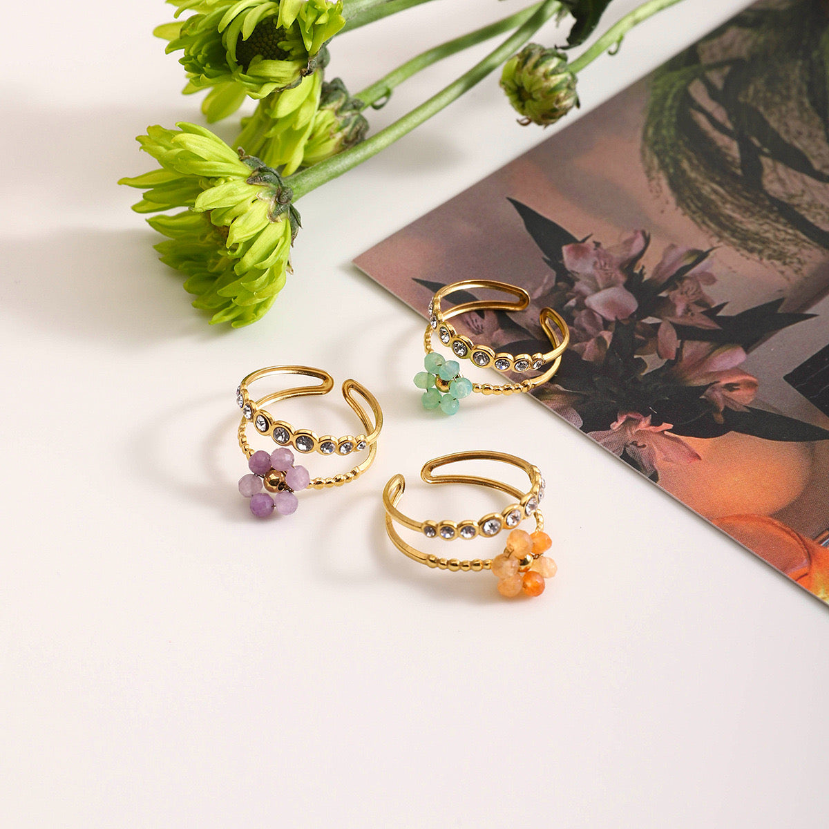 18K Gold Pastel Color Bejeweled Flower Ring