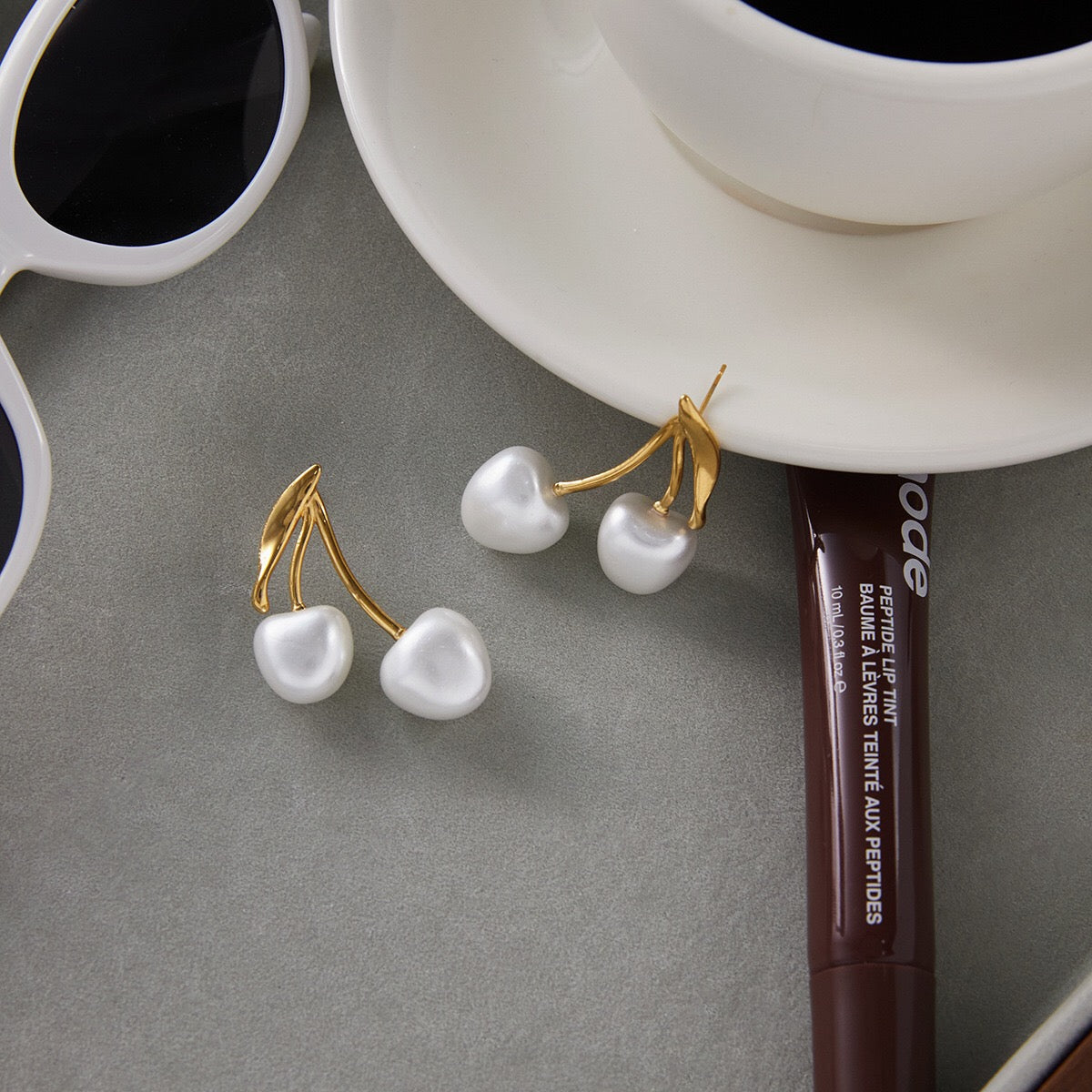18K Gold Pearl Cherry Statement Dangle Stud Earrings