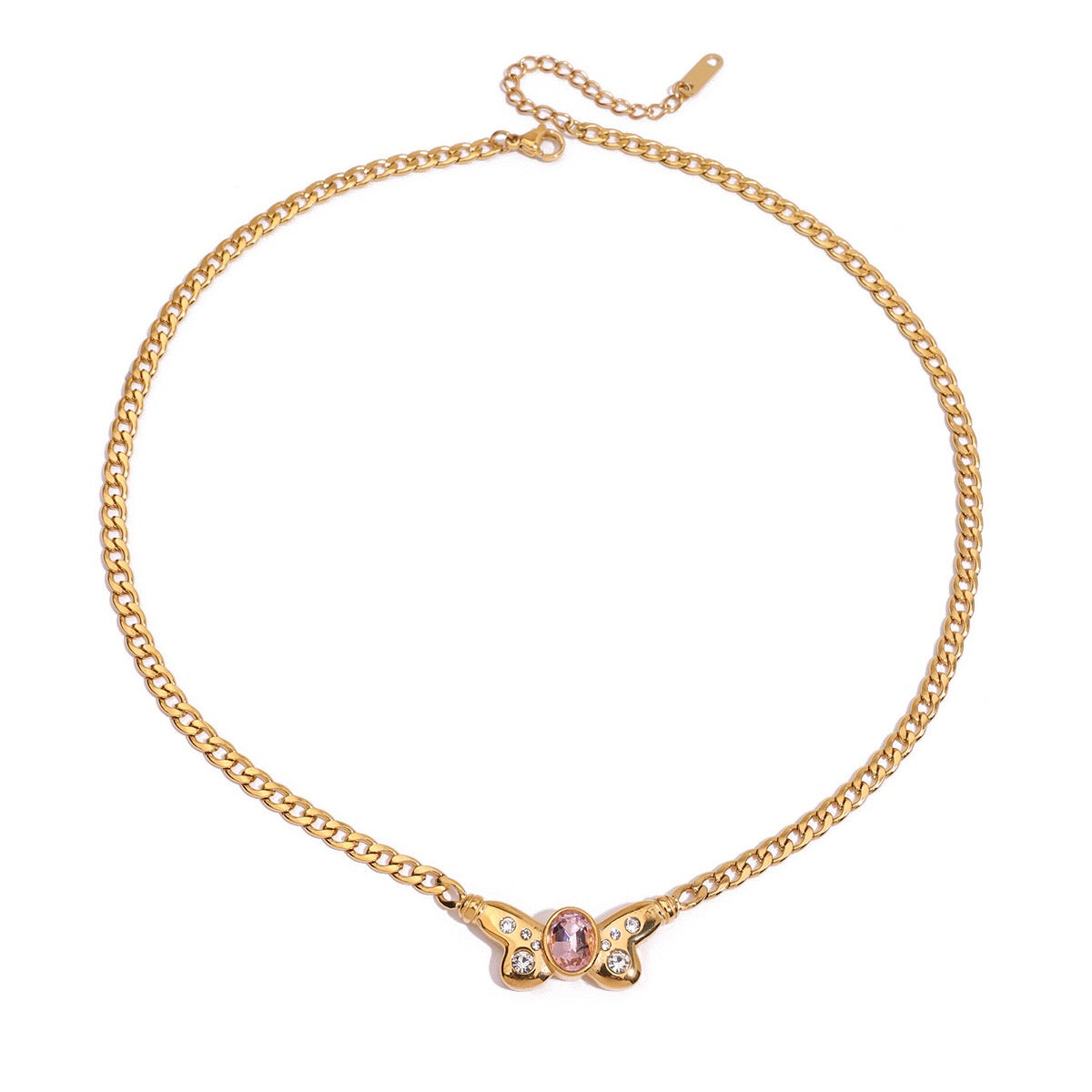 18K Gold Pink Butterfly Curb Chain Necklace