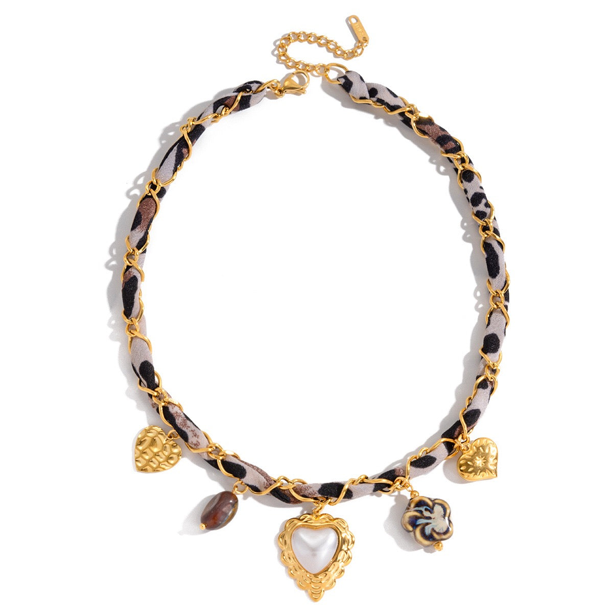 18K Gold Cinnamon Kiss Pearl Heart Ribbon Chain Charm Necklace