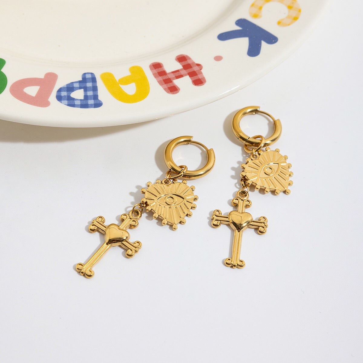 18K Gold Tempt Heart Cross Dangle Huggie Earrings with Charm