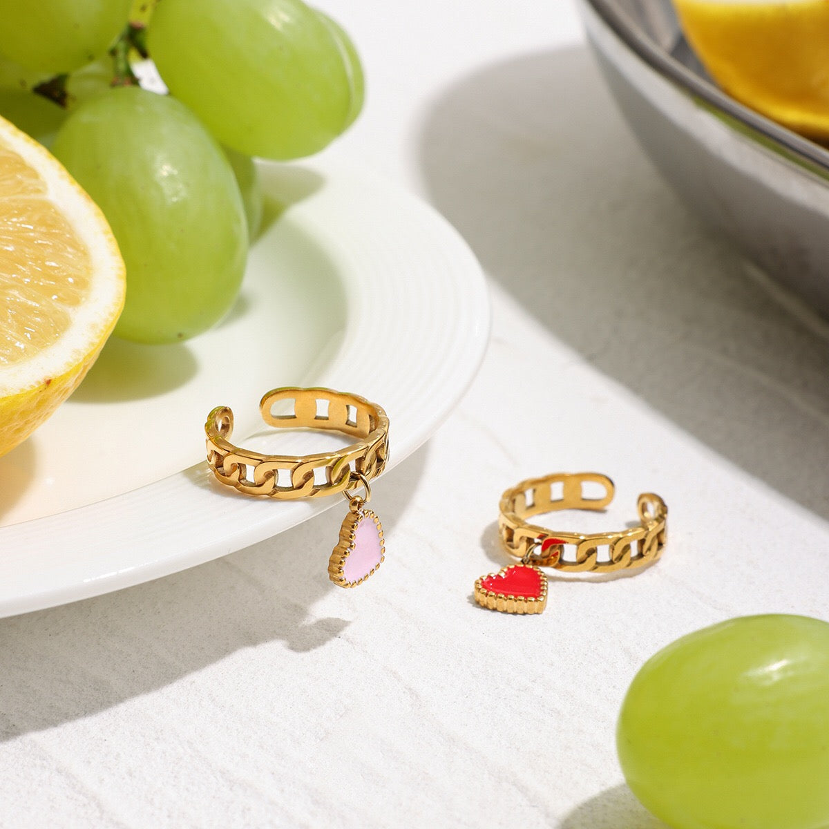 18K Gold Heart Palm Tree Charm Chain Band Ring
