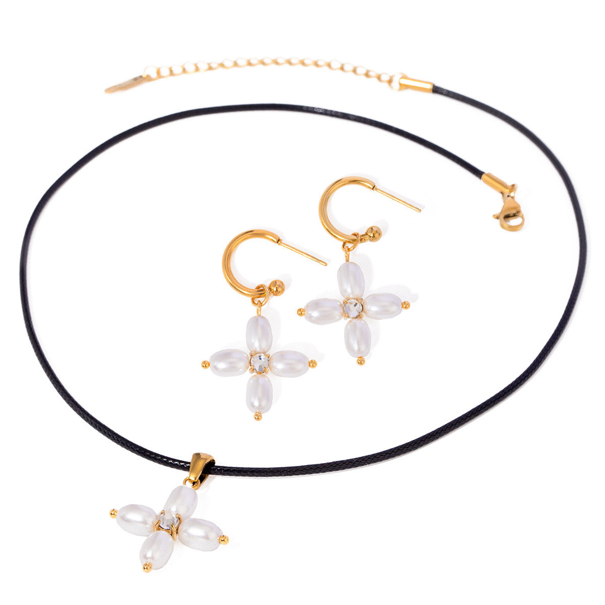 18K Gold Cross Pearl Rope Pendant Necklace