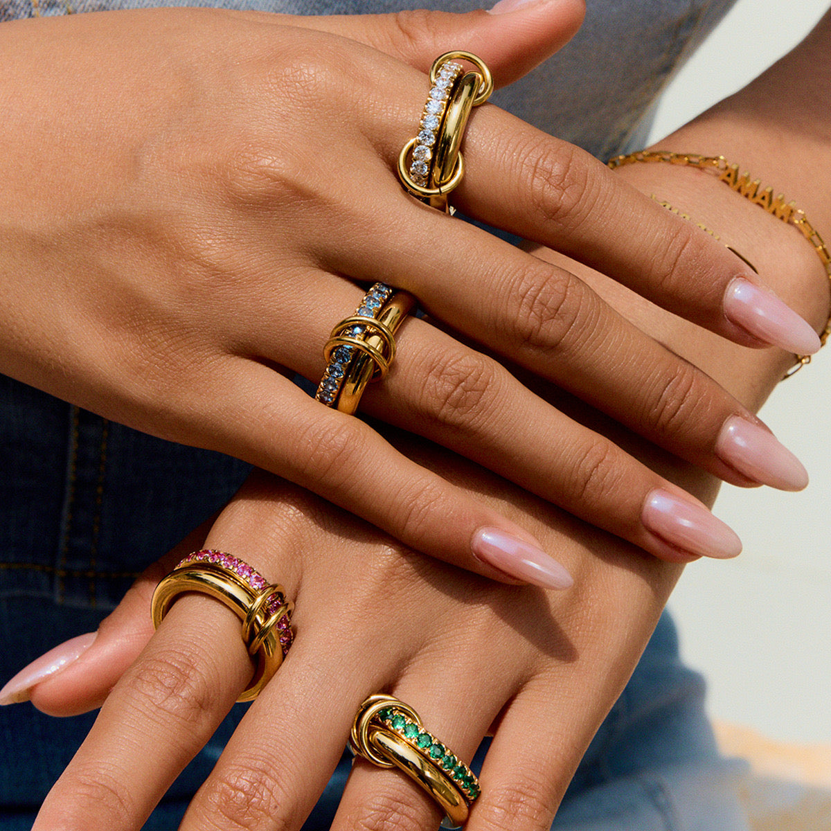 18K Gold Double Link Connected Stacking Pave Ring