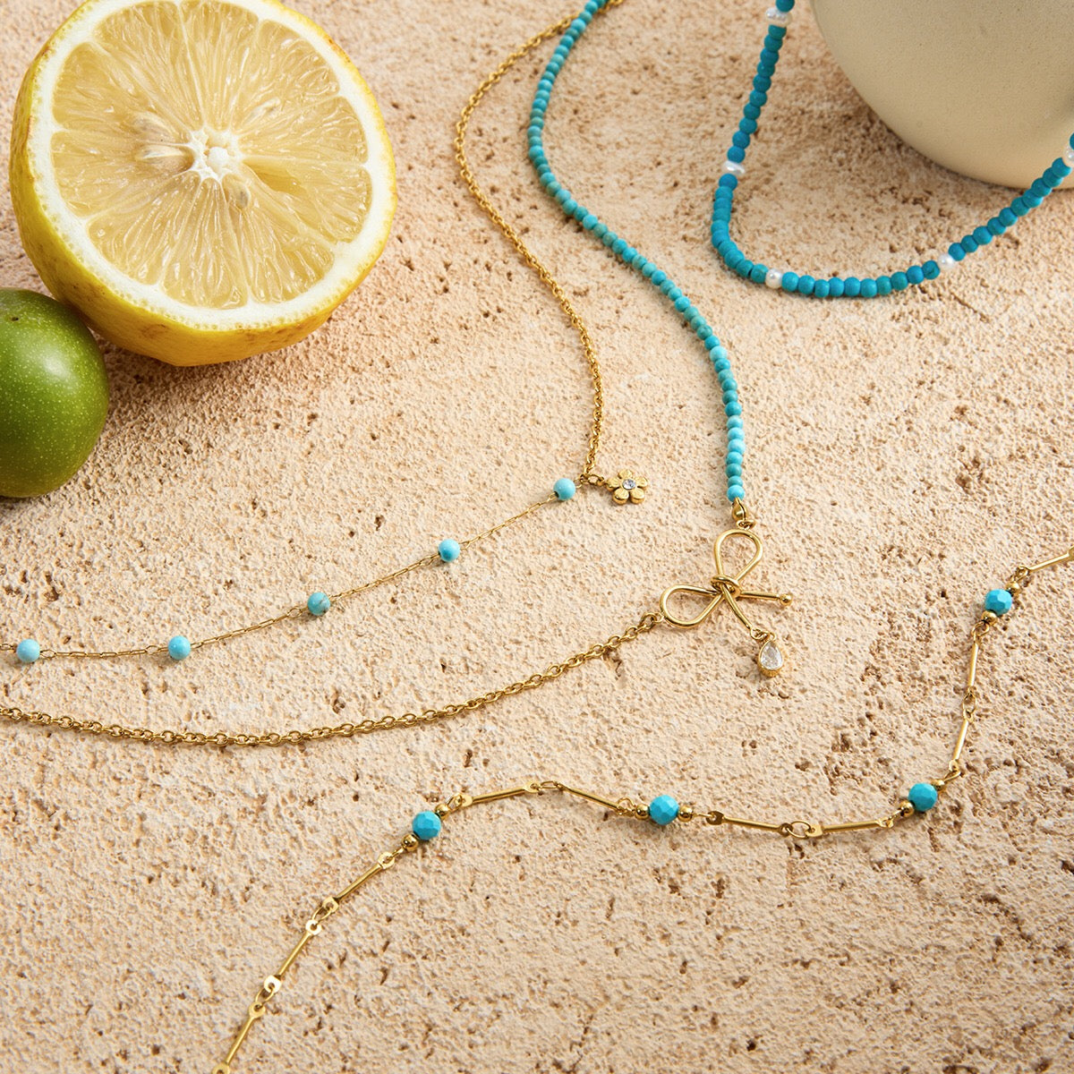18K Gold Turquoise Beads Bow Pendant Double Chain Layered Necklace Set