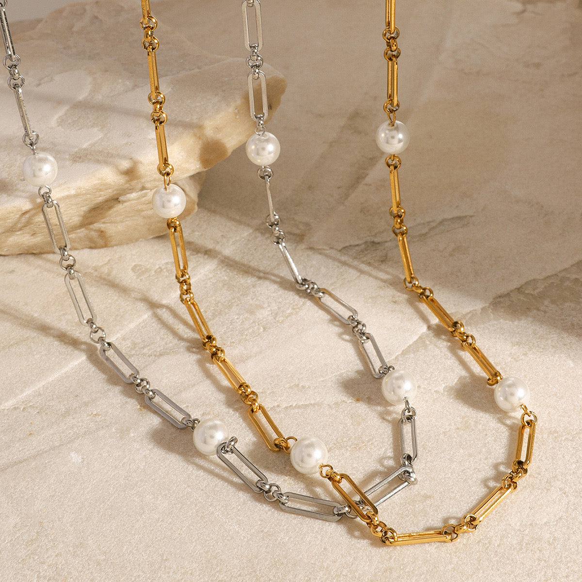 18K Gold Paperclip Chain Pearl Chain Extra Long Necklace