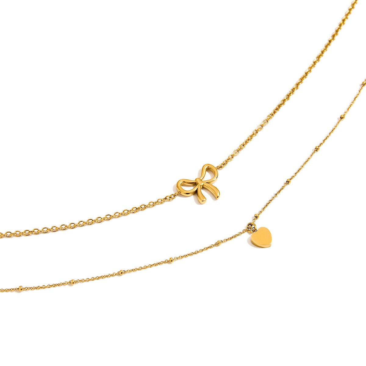 18K Gold Dainty Heart Bow Pendant Double Chain Layered Necklace Set