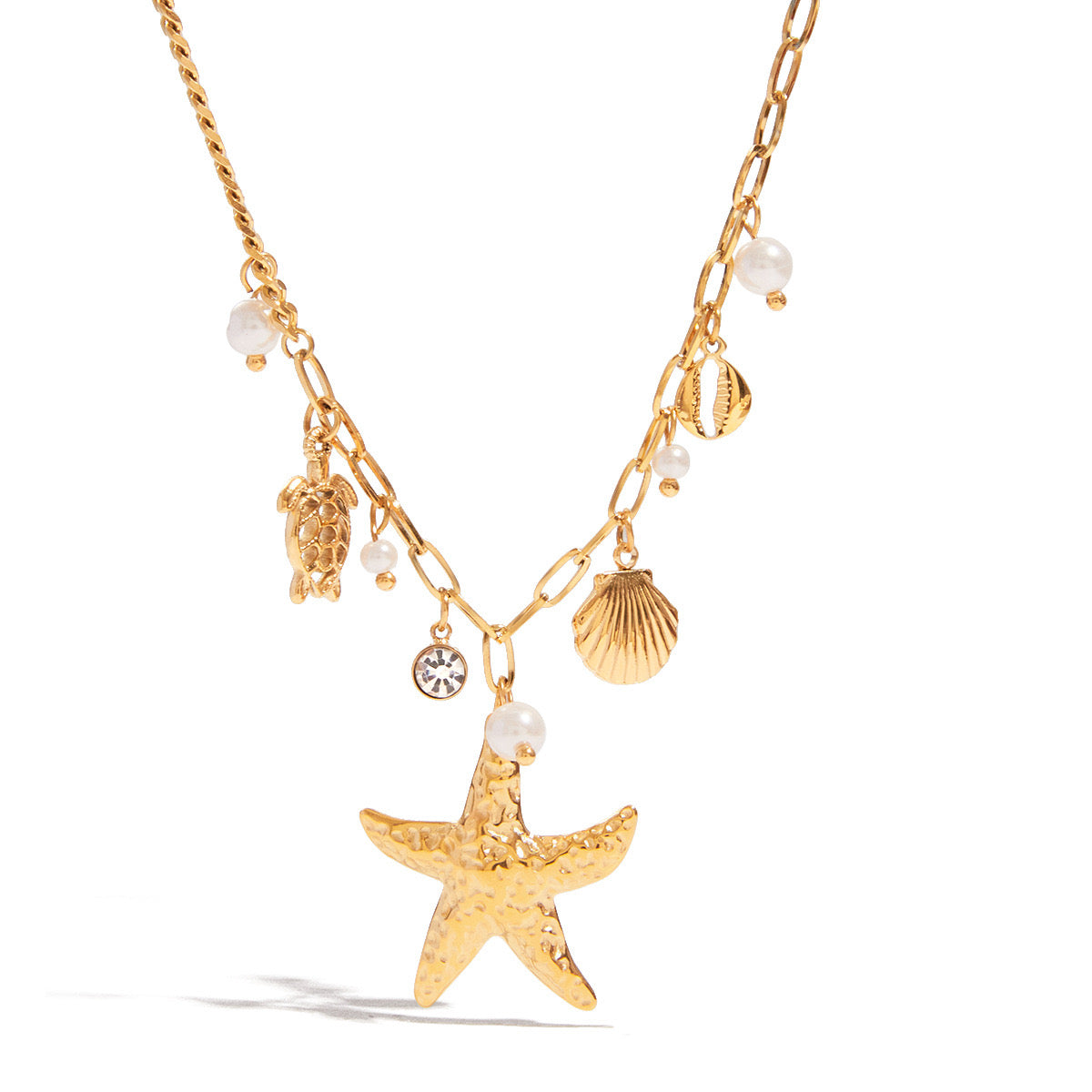 18K Gold Starfish Beach Pearl Beads Charm Necklace