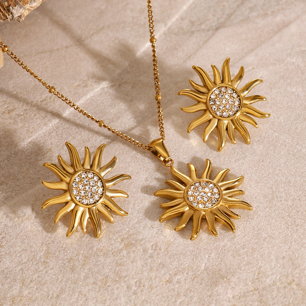 18K Gold Bling Sunflower CZ Statement Stud Earrings