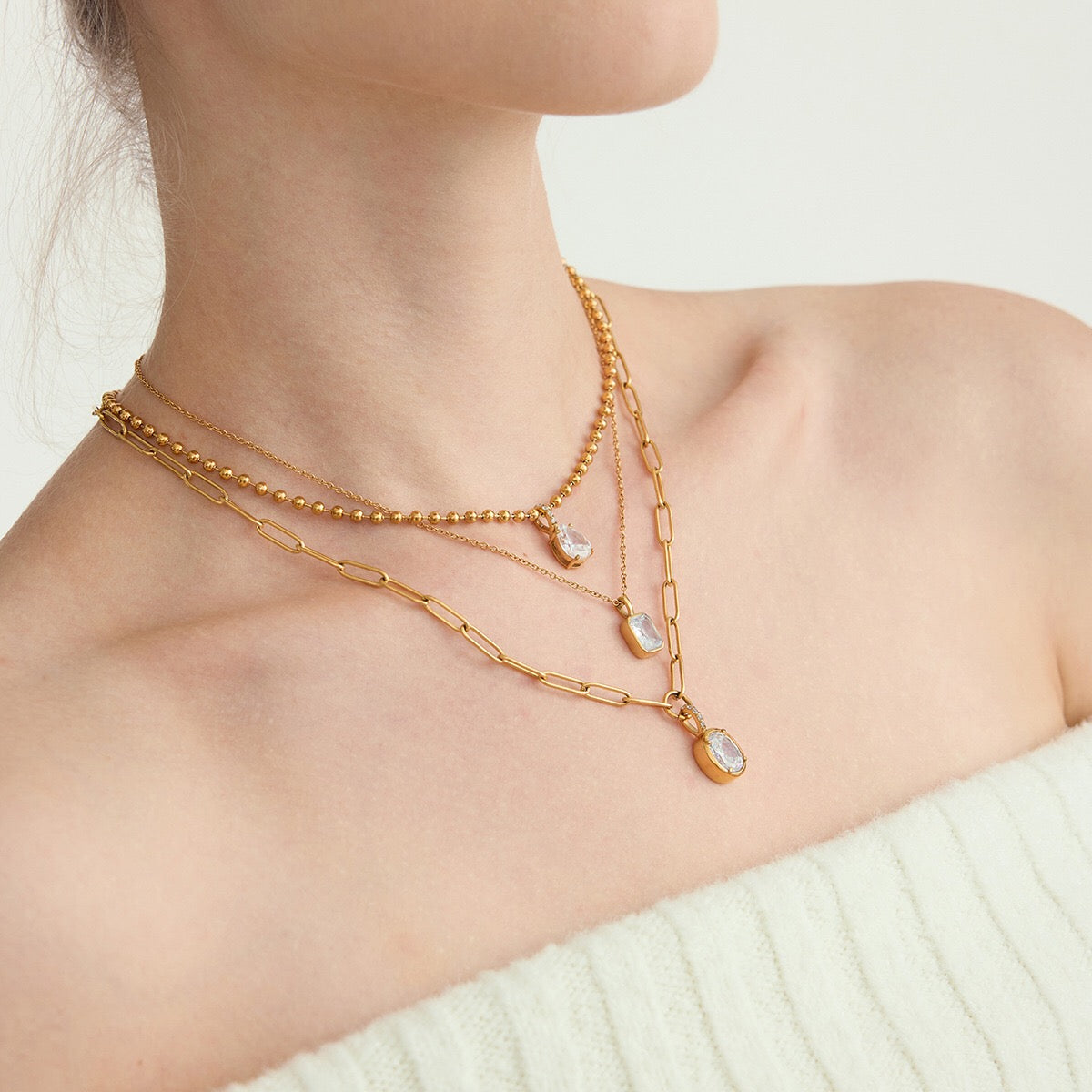 18K Gold Minimal Glow CZ Pendant Paperclip Beaded Chain Layered Necklace Set