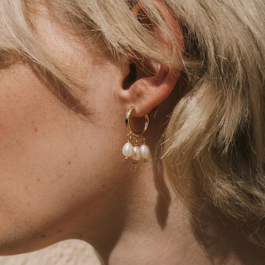 18K Gold Dangle Pearl Huggie Earrings