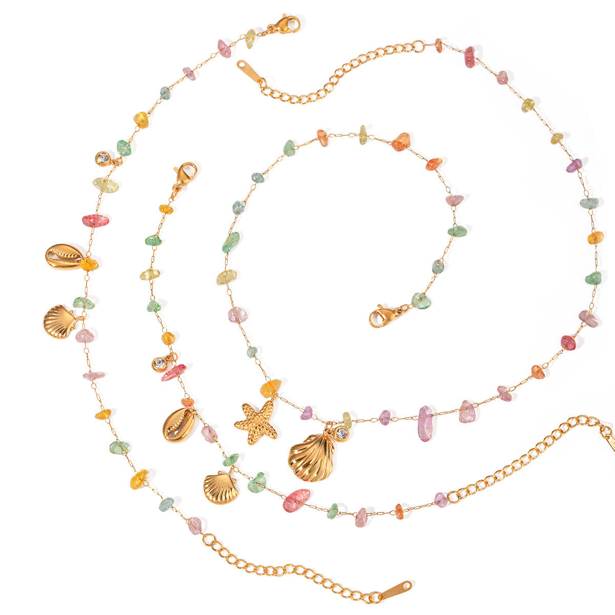 18K Gold Pastel Color Shell Starfish Beaded Charm Necklace