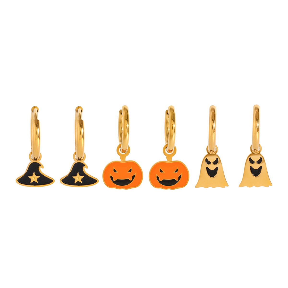 18K Gold Halloween Pumpkin Skull Small Hoop Huggie Earrings with Charm