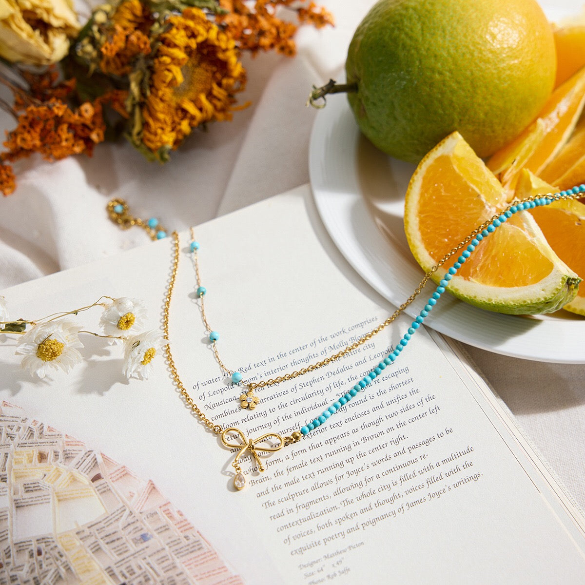 18K Gold Turquoise Beads Bow Pendant Double Chain Layered Necklace Set