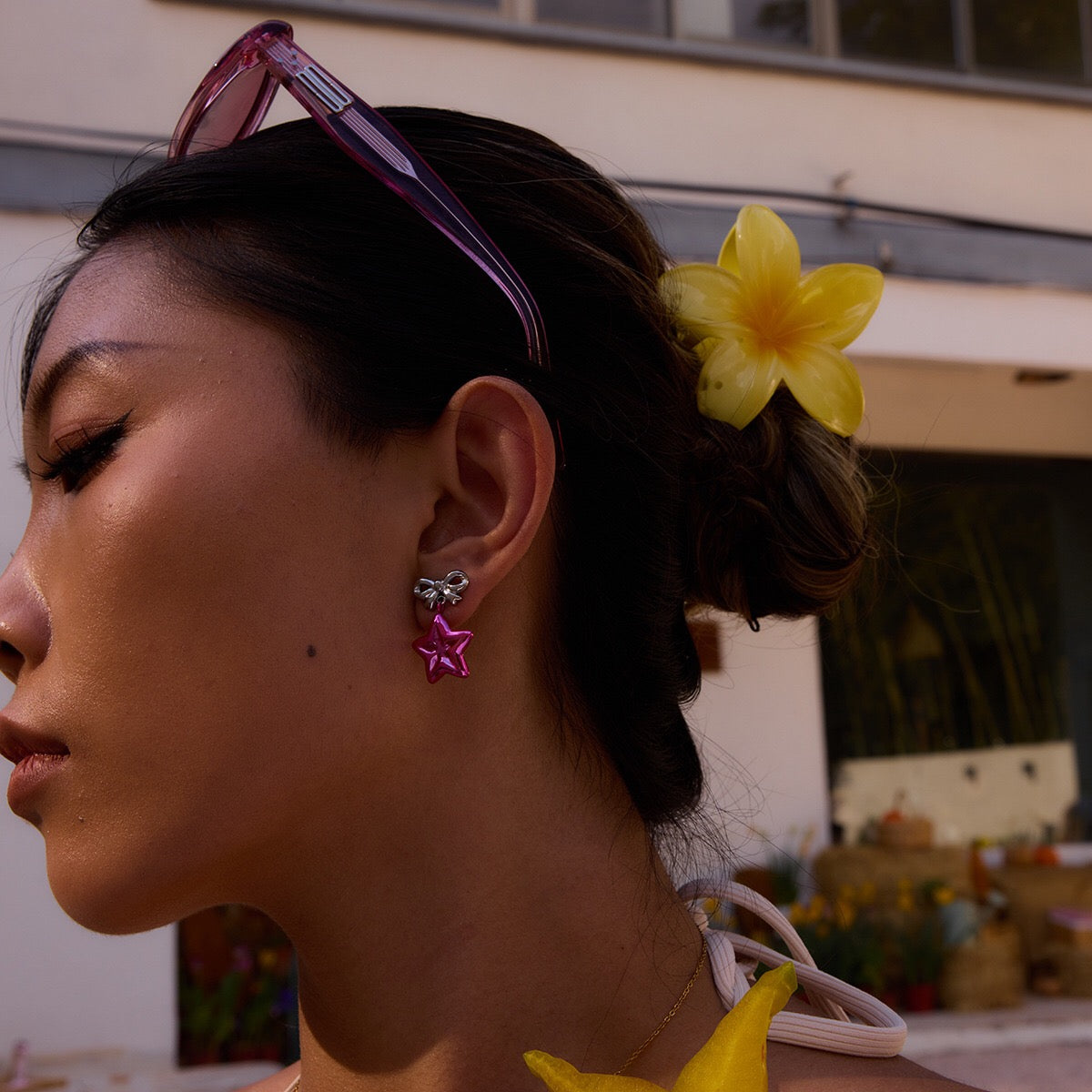 Y2K Silver Bow and Pink Star Stud Dangle Earrings