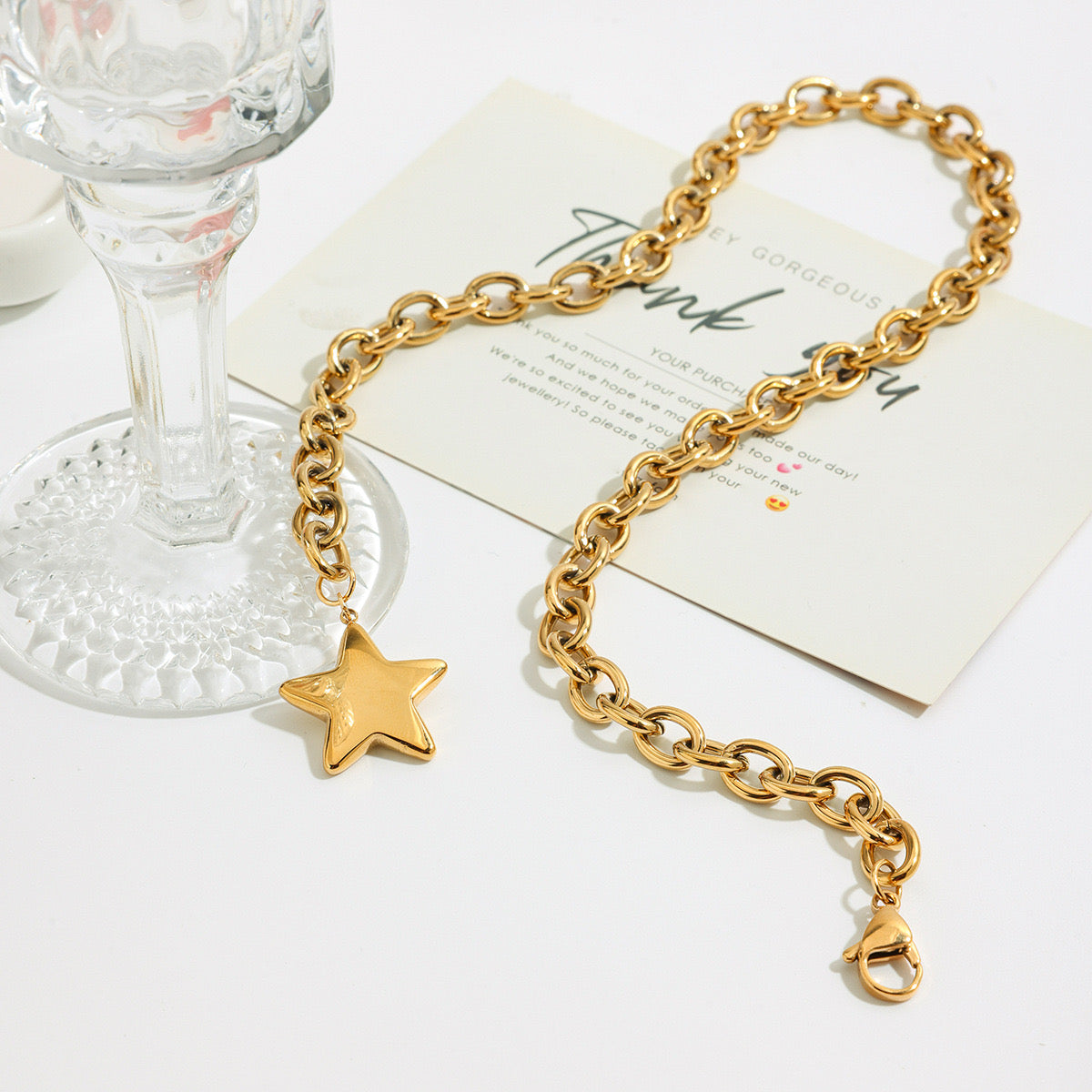 18K Gold Chunky Cable Chain Star Pendant Statement Necklace