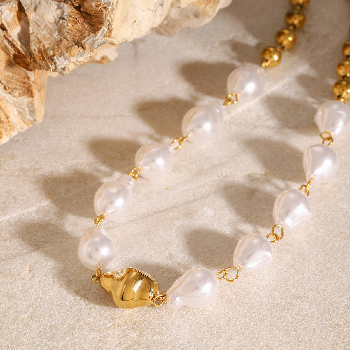 18K Gold Chunky Baroque Pearl Ball Chain Beaded Statement Necklace