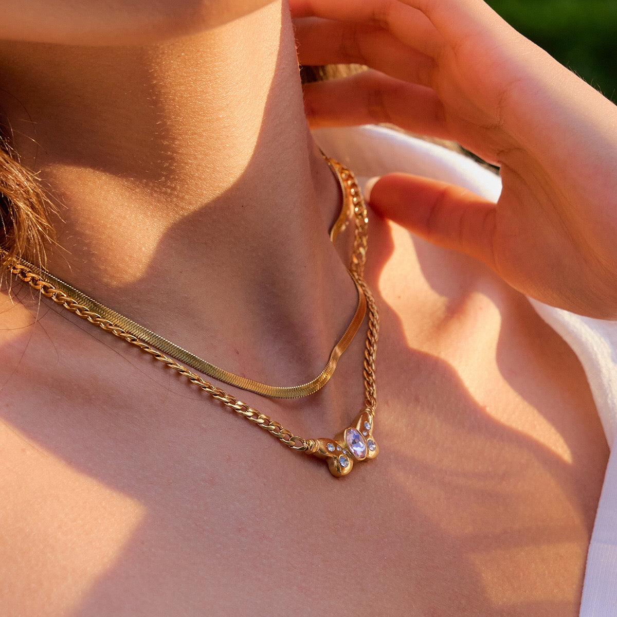 18K Gold Pink Butterfly Curb Chain Necklace