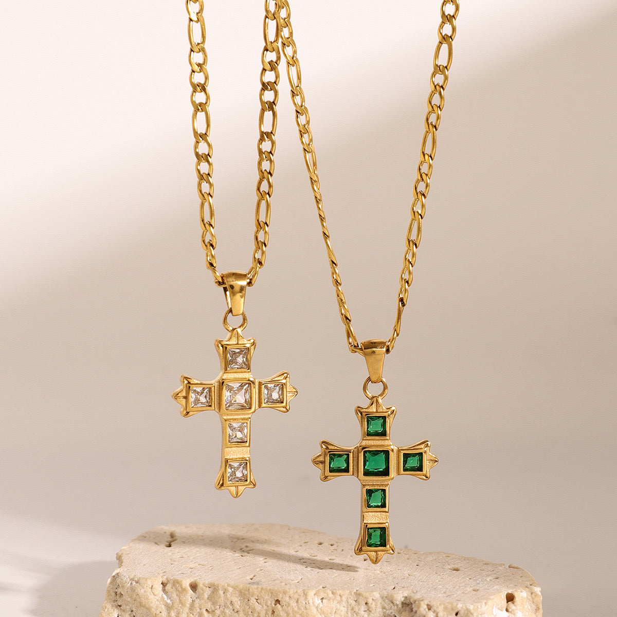 18K Gold Gemstone Cross Pendant Figaro Chain Statement Necklace